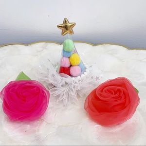 Birthday Pom Pom Hat Rose Hair Clip SET NEW